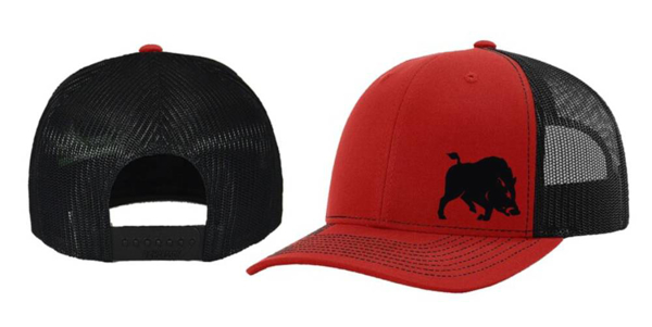 Red and black trucker with bush hog embroidered in black thread
