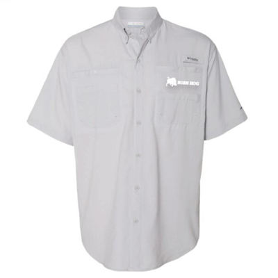 Grey short sleeve button up with Bush Hog embroidered left chest