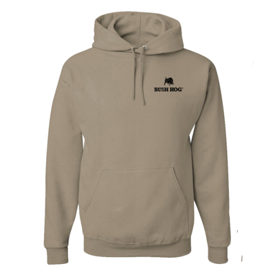 Khaki Hoodie with Bush hog logo left chest and graphic on back of hoodie