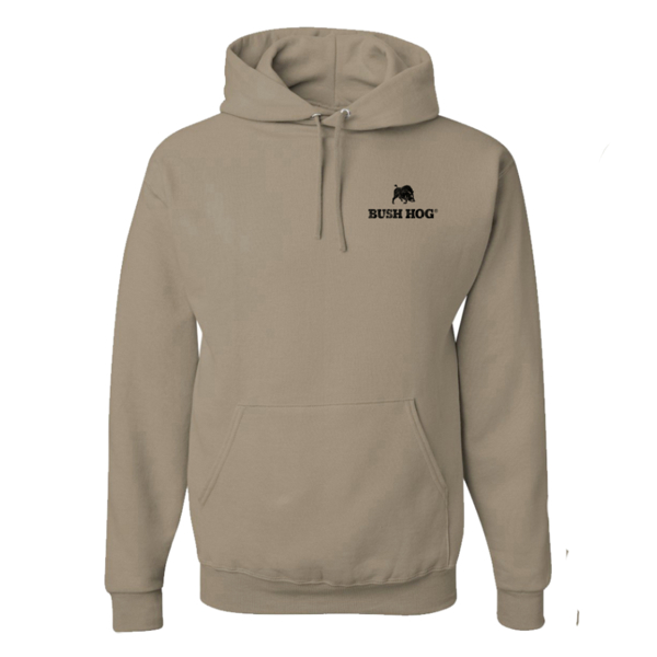 Khaki Hoodie with Bush hog logo left chest and graphic on back of hoodie