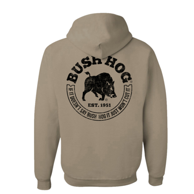 Khaki Hoodie with Bush hog logo left chest and graphic on back of hoodie