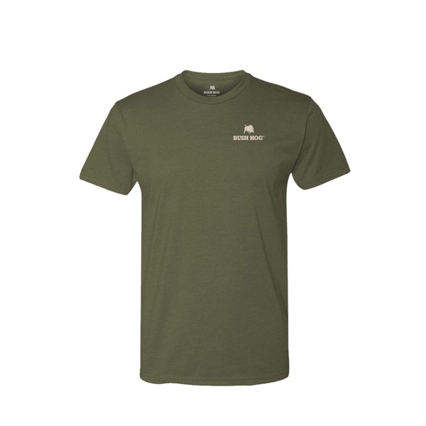 Image of the front of a Military Green short sleeve t-shirt with the Bush Hog logo on the left side of the chest