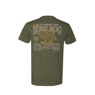 Image of the front of a Military Green short sleeve t-shirt with the Bush Hog logo on the left side of the chest