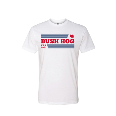Image of a white short sleeve t-shirt with a Bush Hog design on it.