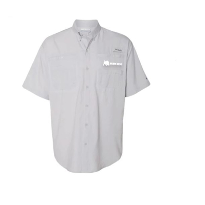 Grey short sleeve button up with Bush Hog embroidered left chest	