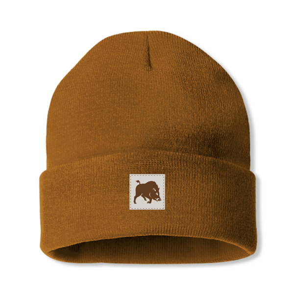 Image of a  beanie with a Bush Hog logo on it