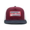 Garnet red front with Bush hog patch on front. White Mesh Back