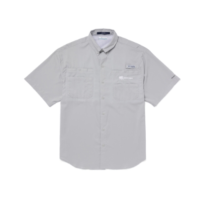 Grey short sleeve button up with Bush Hog embroidered left chest