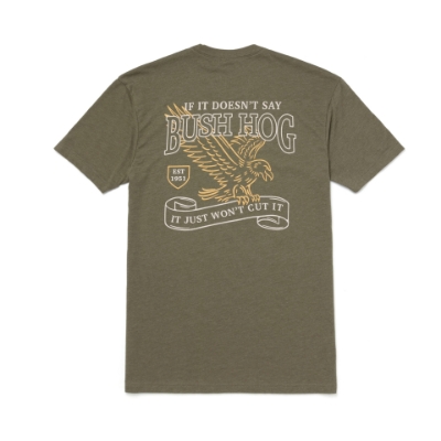 Image of the front of a Military Green short sleeve t-shirt with the Bush Hog logo on the left side of the chest