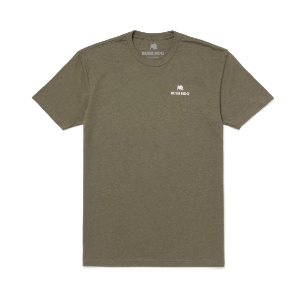 Image of the front of a Military Green short sleeve t-shirt with the Bush Hog logo on the left side of the chest