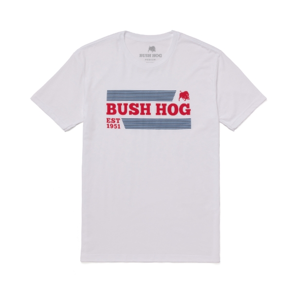 Image of a white short sleeve t-shirt with a Bush Hog design on it.