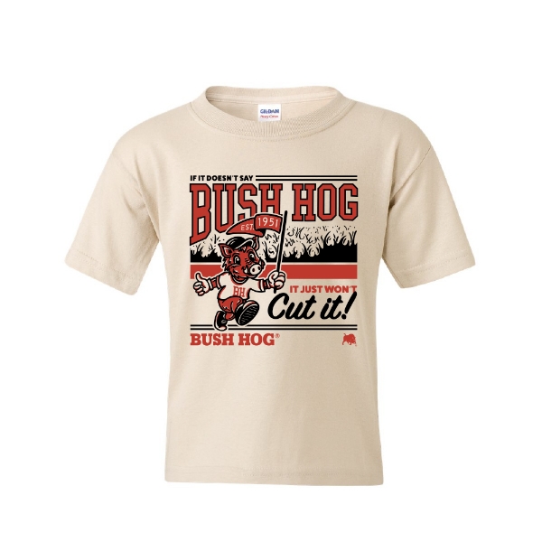 Youth-size Bush Hog Spirit Tee with mascot graphic and “It Just Won’t Cut It” slogan