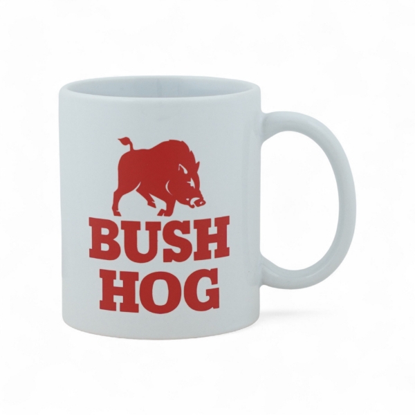 Bush Hog ceramic mug with red logo and hog graphic.